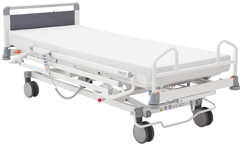 Klinikbett 80 cm Breite für Ambulanzen und Notaufnahmen mit integrierten Seitensicherungen.
